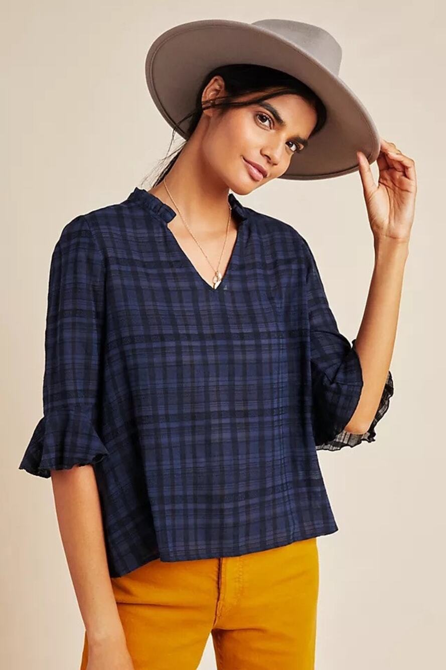 NWT Dolan by Anthropologie Blue and Black Plaid Printed Cotton Blouse Size M